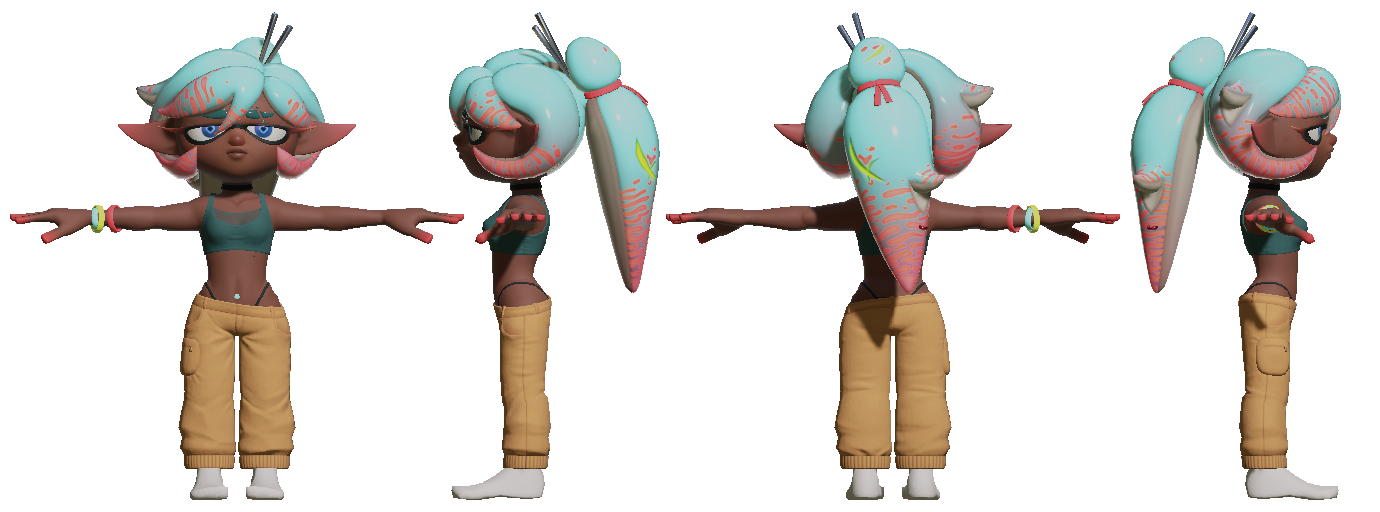 Front side and back views of a T-posed Inkling model. Character by lexie.
She has blue eyes with diamond pupils, kinda sideways B shaped eyemask with red tipped eyelashes, somewhat dark skin and has a cut in her left eyebrow and a piercing going across it. She has blue hair in a side parting, with hair curling around the back of her ears and towards her face. She has a bun and ponytail at the back with 2 hair sticks tied up by a small pink hair-tie. The ponytail has a large green X scar.
She is wearing a dark blue cropped tank top with a mesh pannel at the neckline, khaki cargo trousers hanging to one side and you can see like high pants straps coming from inside. She has a blue bellybutton piercing, 3 rubber band bracelets and is wearing white socks and no shoes.