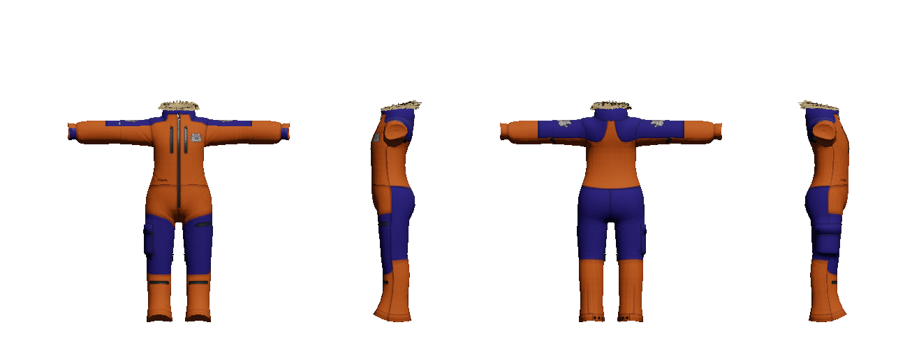 Front side and back views of a modern style flight suit.
It is mainly orange with blue areas on the top of the legs and top of the arms. It has a furry collar and many zips. On the left breastand upper arms there is the coffee rpo squids logo. A small forge logo is near the waist.