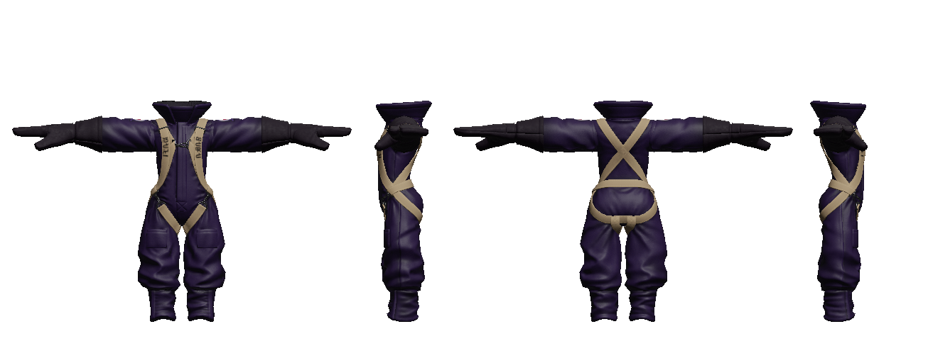 Front side and back views of an old style leather flight suit.
It is purple, has dark purple mittens and a beige parachute harness with octarian runic script. Has the octarian oil company logo on the upper arms.