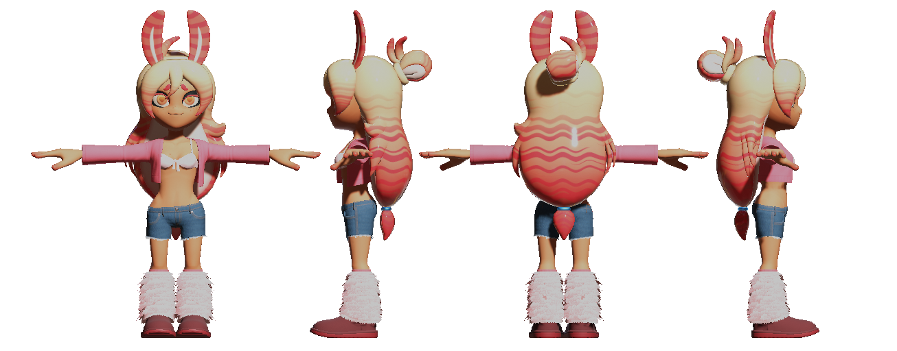 Front side and back views of a T-posed Sea bunny model. Character by lexie.
She has orange eyes with heart pupils, round eyemask with pink eyelashes, freckles and a cute 3 shaped mouth. Her skin is a little tanned. She has big pink bunny ears! Her hair is a creamy-blonde colour which fades to pink at the end. It has a wavy stripe pattern. She has 3 fringe bits framing her face. She has a small bun at the top of her hair and the rest is hanging down before being tied into a tiny bit right at the end. 
She is wearing a light pink bra top, a pink cardigan, cut off jorts, furry pink leg warmers and burgundy sheepskin-style boots.