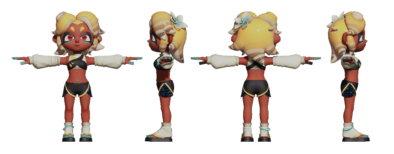 Front side and back views of a T-posed Octoling model. Character by noxphobe.
She has red eyes with 8-shaped pupils, like sideways D shaped eyemask with blue eyeliner and medium dark skin. Her hair light yellow with her fringe parted in the centre. Her right fringe tentacle has a suction cup. 2 small tentacles are in-front of her ears and the back of her hair is cut into 3 pointy bits.
She has a flower hair accessory.
At the end of her tentacles is a stripy pattern. She is wearing A black 2 piece swimsuit with round shorts, arm warmers, leg warmers and thick soled flip-flops. 