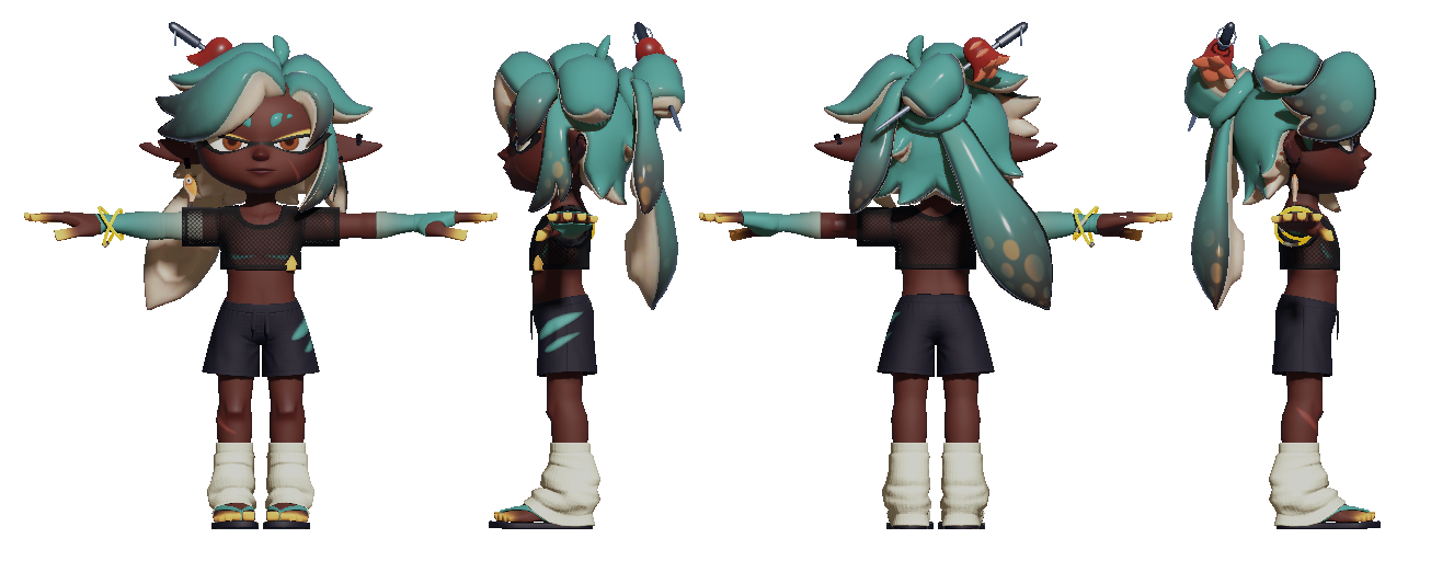 Front side and back views of a T-posed Inkling model. Character by noxphobe.
He has brown eyes, a sort of serious looking eyemask with yellow eyeshadow, their left eyebrow has a cut in it, their skin is dark brown and he has a scar on his left cheek. His hair is blue and parted on the left side with a funny tiny hair strand sticking out of the part. They have 2 tentacles tied in a bun at the back of their head with a hairpin stuck through.  The hairpin has a hotdog cut into a octopus on it. His right ear has a yellow fishing lure earring and a small cut in.
They are wearing a mesh top, an arm warmer on the right and a fingerless glove on the left, swimming shorts, puffy leg warmers and a pair of flip flops. He has blue top-surgery scars on his chest and a scar on his right lower leg and left upper arm.